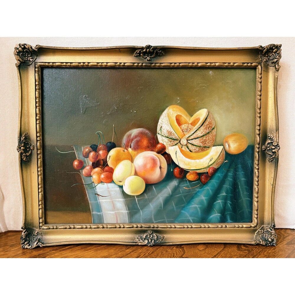 Vintage Still Life Fruit Oil Painting in Ornate Gold Frame